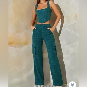 Oh Polly Tweed Cargo Pants in Teal